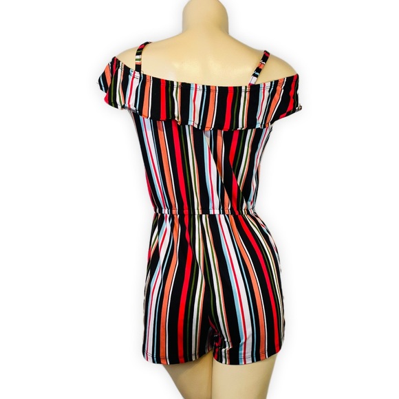 Women’s Cold Shoulder Striped Ruffle Romper One Piece • Size Medium - Picture 2 of 9